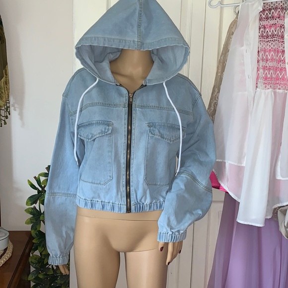 Hooded denim jean jacket with pockets size S M - Picture 3 of 8